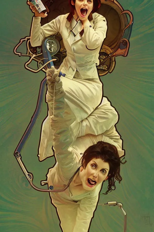 Image similar to doctor who, woman, as a mad dentist, on a plain green background, art by artgerm and greg rutkowski and alphonse mucha