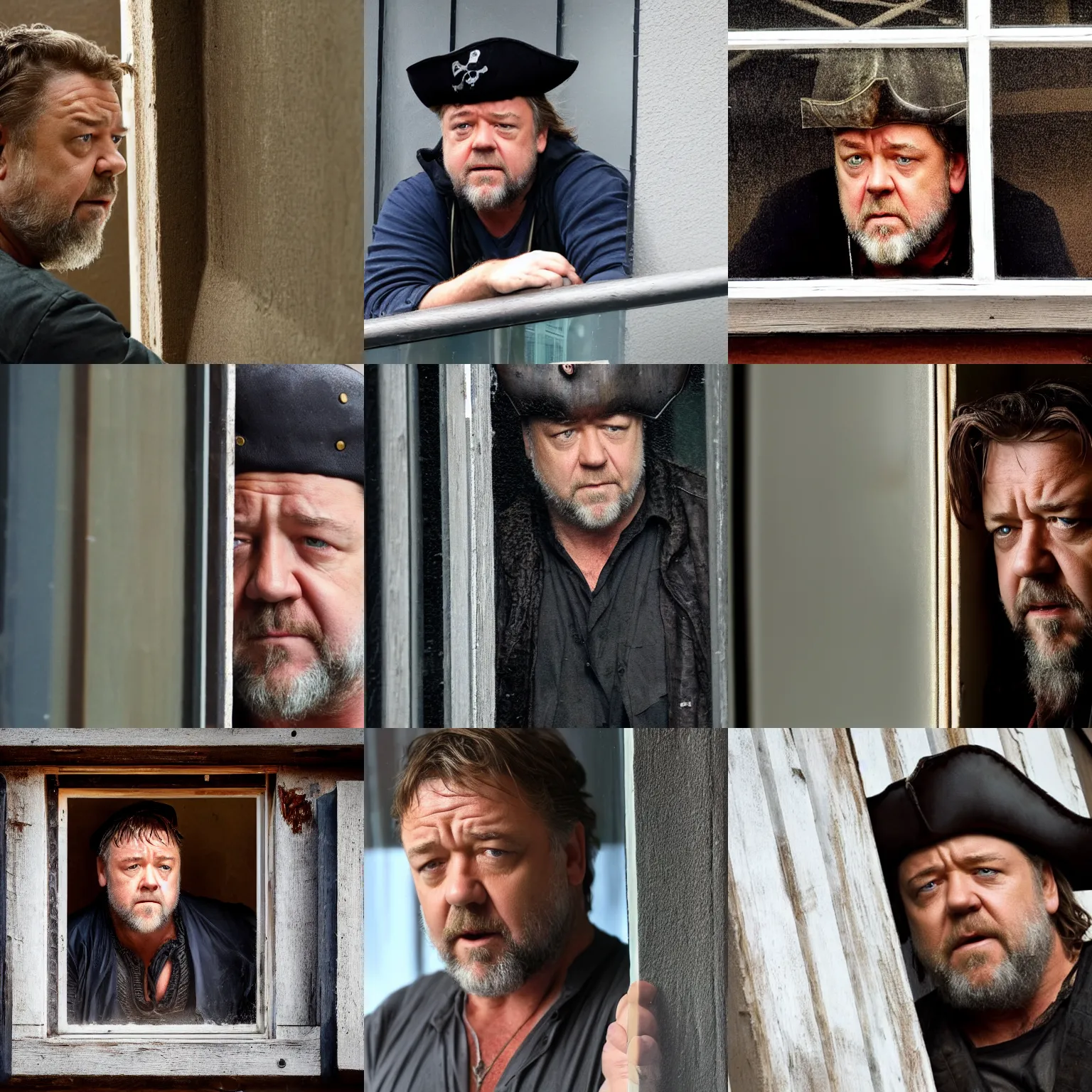 Prompt: concerned russell crowe with pirate hat peering out from a small dirty rainy window, wooden wall