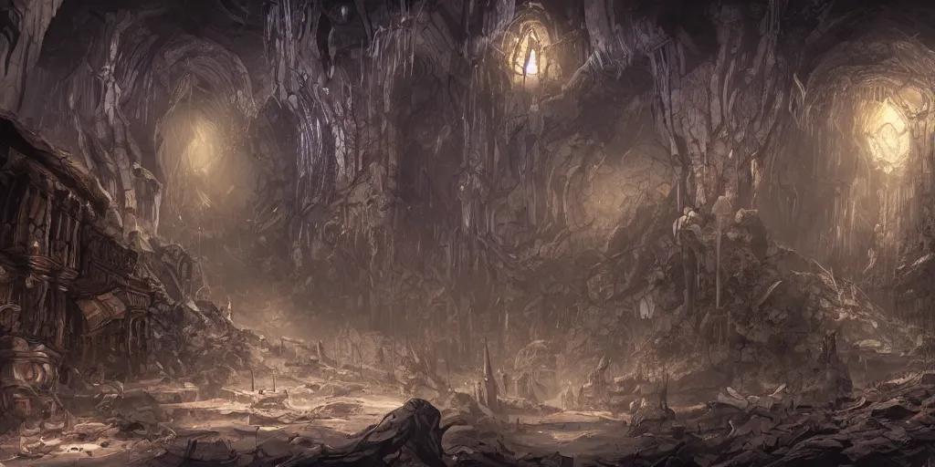 Image similar to abandoned city deep in the underdark, artstation caverns