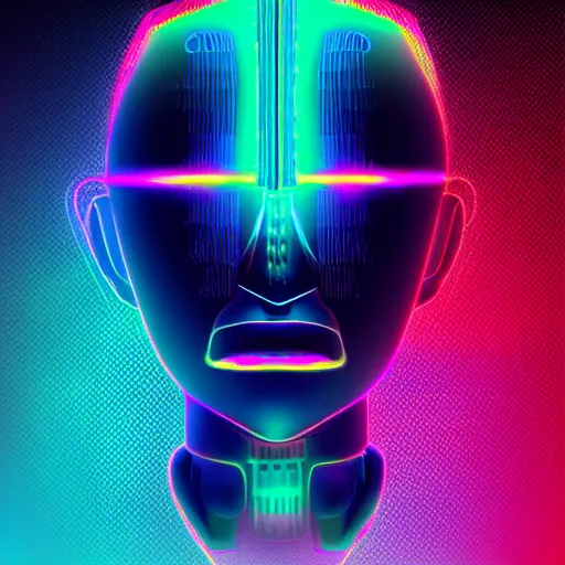 Image similar to hyperdetailed portrait of a spaced out cyberpunk aztec futurism robot head, 8 k, symetrical, flourescent colors, halluzinogenic, meditative, multicolored vector art, black background