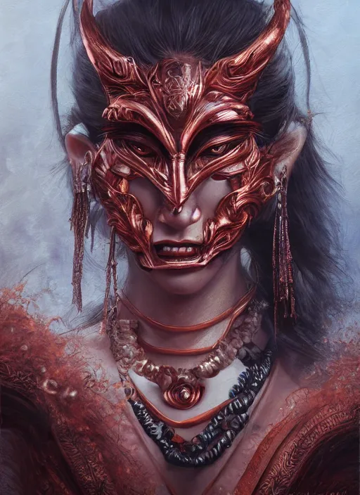 Image similar to a beautiful detailed oil on copper art illustration of a japanese shityome mask devil woman, the mask is broken, centered, by charlie bowater, zeng fanzh, trending on artstation, dim dusk lighting, cinematic lighting, detailed lighting, volumetric lighting, realistic, f 8, 4 k hd wallpaper