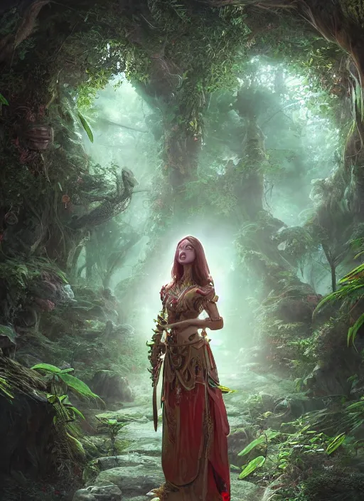 Image similar to Beautiful art portrait of a female fantasy priestess in a bright temple surrounded by lush forest, atmospheric lighting, intricate detail, cgsociety, hyperrealistic, octane render, RPG portrait, ambient light, dynamic lighting