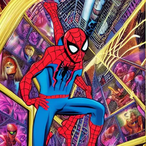 Image similar to spider - man in the 5 th dimension, acid trip visuals, scarlet spider - man, trippy, lsd, 5 th dimensional warp, amazing spider - man, dmt art