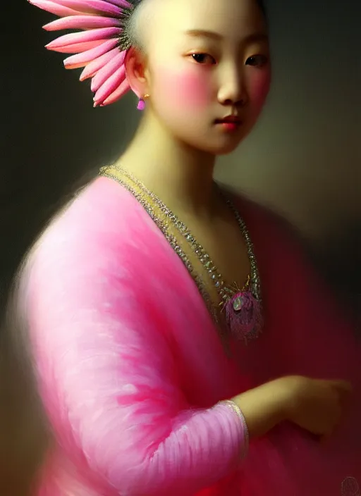 Prompt: stunning asian princess, detailed pink and white protea head peace against a black backdrop by ivan aivazovsky, wlop, oil painting, beautiful soft lighting, muted colours, artstation