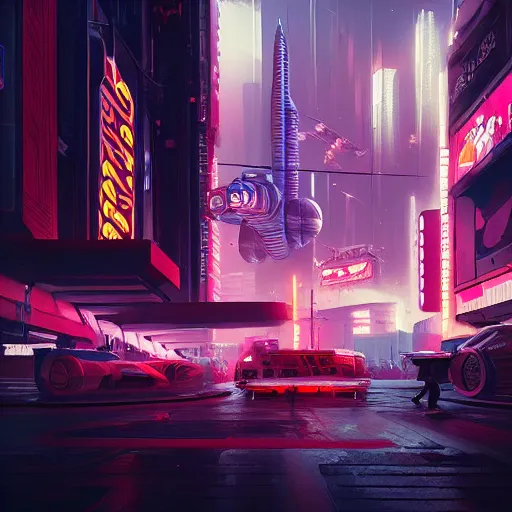 Prompt: spaceship landing in cyberpunk city, neon signage. detailed, by jim burns, darek zabrocki, trending on artstation.