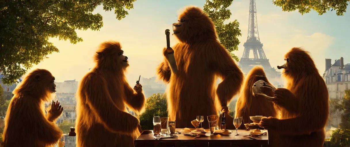 Image similar to accidentally wes anderson award - winning photograph of yeti and bigfoot eating lung outside paris restaurant, accidental renaissance, golden ratio, fibonacci composition, 4 k, detailed, art by greg rutkowsky, trending on artstation, cinematic lighting, filmic grain, golden hour, detailed, 4 k