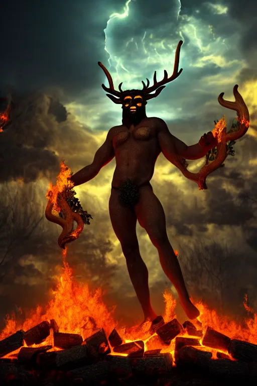 Prompt: 35mm photograph of Cernunnos standing in front of a city on fire, photo-realistic, 4k, highly detailed, octane render, dramatic lightning, by El Greco,