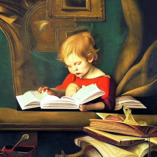 Prompt: hyperdetailed minimalist photorealistic modern painting of a child reading books in an elaborated rich maximalist futuristic room. in the style of Caravaggio with flemish baroque details, vibrant shiny textures in soft pastel tones. matte background. HD 8x