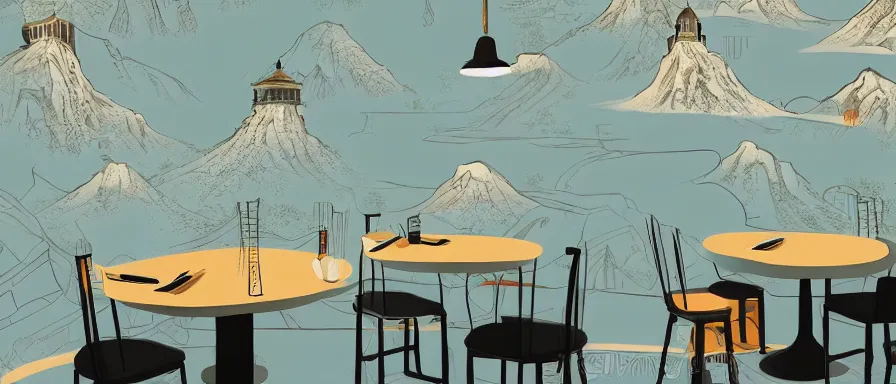 Image similar to a beautiful interior view illustration of a small roasted string hotpot restaurant of baota mountain in yan'an city, restaurant wall paper is tower and mountain, rectangle white porcelain table, black chair, animation illustrative style, from china, simple style structure decoration design, victo ngai, james jean, 4 k hd