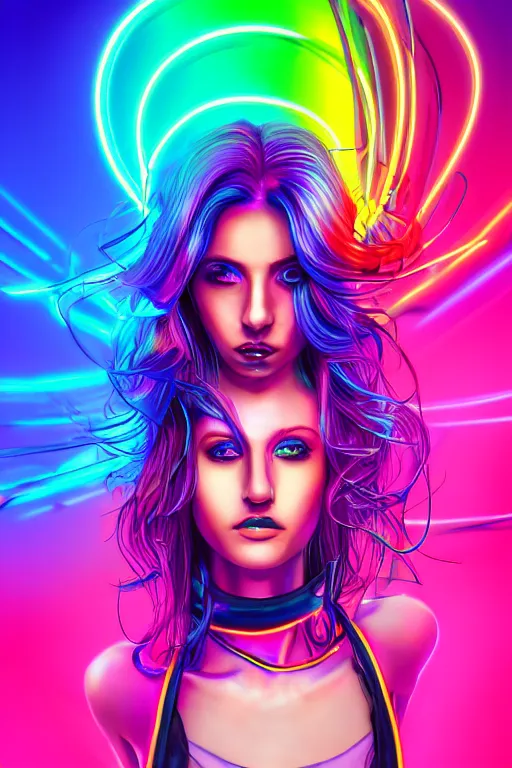 Image similar to a award winning half body portrait of a beautiful woman with stunning eyes in a croptop and cargo pants with rainbow colored ombre hairstyle head in motion and hair flying by thomas danthony, surrounded by whirling illuminated neon lines, outrun, vaporware, shaded flat illustration, digital art, trending on artstation, highly detailed, fine detail, intricate