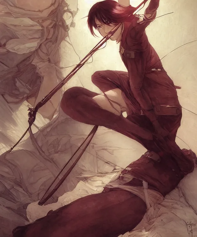 Prompt: Mikasa Ackerman, very detailed, digital art, trending on artstation, concept art, smooth, illustration, art by artgerm and greg rutkowski and alphonse mucha and J. C. Leyendecker and Edmund Blair Leighton and Katsuhiro Otomo and Geof Darrow and Phil hale and Ashley wood and Ilya repin and Charlie Bowater