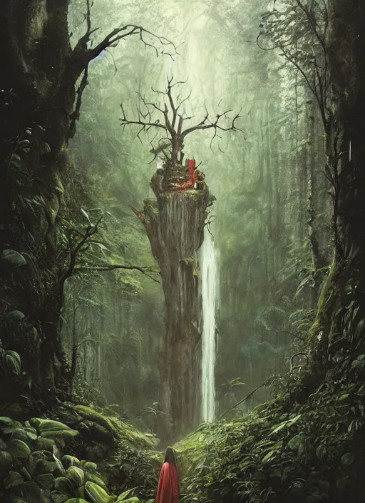 Image similar to a hyper realistic architectural witch shrine under a waterfall in the woods, gorgeous lighting, lush forest foliage, painting by chiara bautista and tom bagshaw, muca beksinski and norman rockwell and greg rutkowski weta studio, and lucasfilm