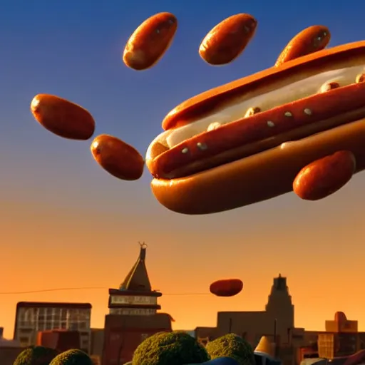 Image similar to pixar still of hotdogs falling from a blue sky at sunset in a steampunk city