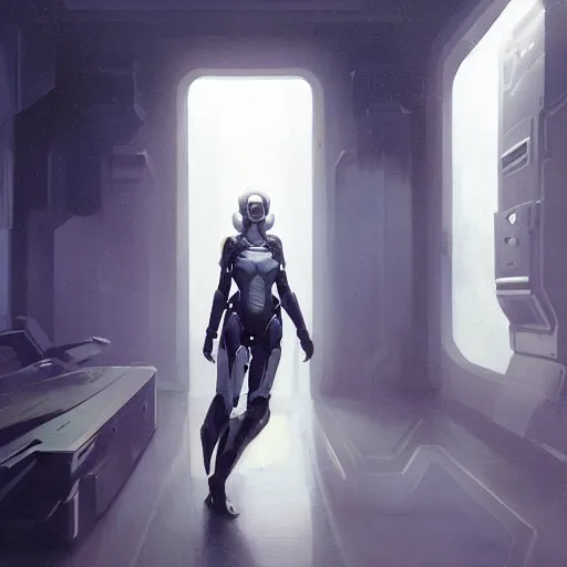 Image similar to concept art by greg rutkowski, female cyborg in a room from the spaceship, high tech and futuristic white walled environment, unnatural lighting, uncanny atmosphere, frightening and creepy atmosphere, scifi, highly detailed portrait, digital painting, artstation, concept art, smooth, sharp foccus ilustration, artstation hq