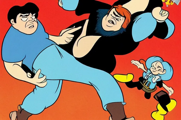 Prompt: Jack Black suplexing an orphan in a classic disney cartoon. the metal