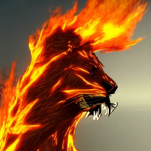 Image similar to fire lion, flaming, unreal engine