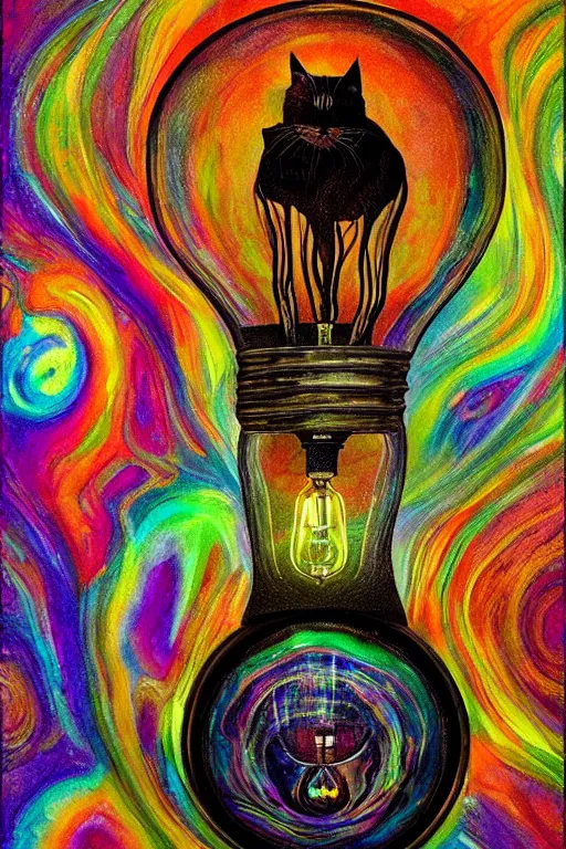 Image similar to portrait of an ethereal cat inside a light bulb, modern fine art, lithe, dreamscape, intricate, elegant, subsurface scattering, highly detailed, pop art painting, organic acrylic flow art, psychedelic surreal art, acrylic art, watercolor, featured on deviantart, cgsociety