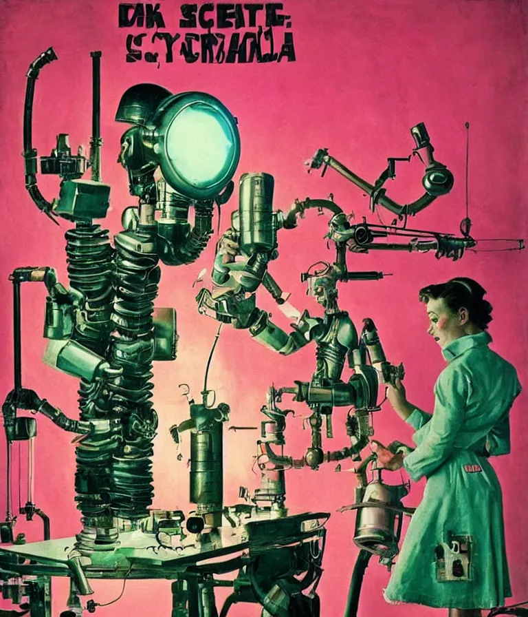 Image similar to a female mad scientist building a manly robot, in a darkly lit laboratory room, 1 9 5 0 s horror film movie poster style, ( norman rockwell oil painting ), retro science fiction, vintage, saturated pink and green lighting, shadowy lighting, cohesive