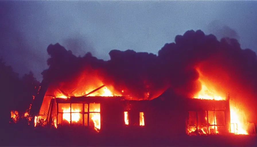 Image similar to 1 9 7 0 s movie still of a heavy burning house in a small french village by night, cinestill 8 0 0 t 3 5 mm, heavy grain, high quality, high detail, dramatic light, anamorphic, flares