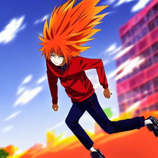 Image similar to orange - haired anime boy, 1 7 - year - old anime boy with wild spiky hair, wearing red jacket, running through red yellow blue building, strong lighting, strong shadows, vivid hues, ultra - realistic, sharp details, subsurface scattering, intricate details, hd anime, 2 0 1 9 anime