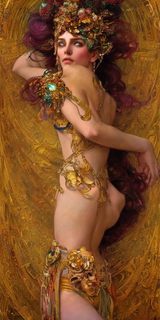 Image similar to an intricate painting of a beautiful goddess with an artistic pose, hyper - detailed, ornamental gold headpiece, octane render, vivid colors, artstation, by jeremy mann, by alphonse mucha, by boris vallejo, by gustav klimt