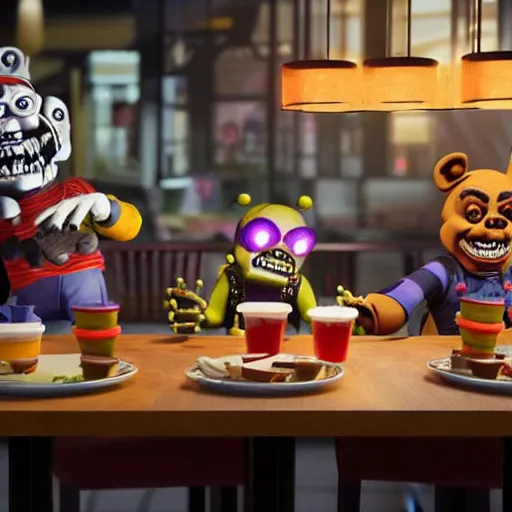 Image similar to five night's at freddys sitting in a chucky cheese restaurant, octane render, ultra detail, ultra realistic, 8 k