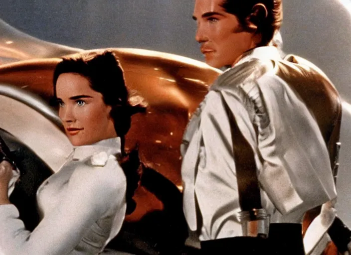 Prompt: a movie still from the modern film the rocketeer featuring young jennifer connelly in her role as jenny blake in white dress