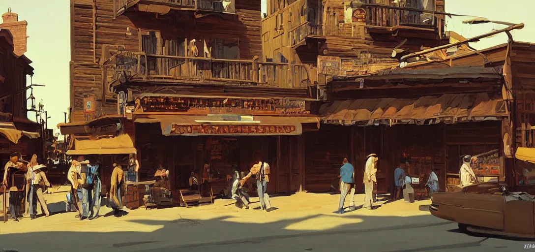 Prompt: from a movie scene, painting of a western saloon exterior in old town, syd mead, cinematic wide shot