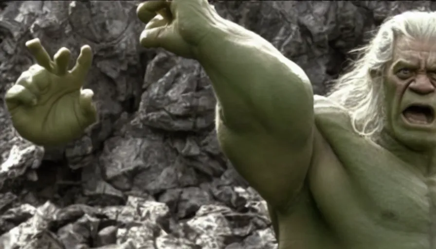Prompt: the hulk starring as gandalf in lord of the rings, cnn news footage.