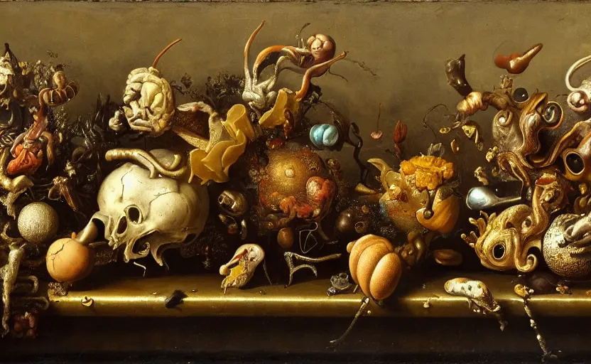 Prompt: disturbing grotesque dutch golden age vanitas still life with bizarre objects strange gooey surfaces siny metal bizarre insects rachel ruysch very detailed perfect composition rule of thirds masterpiece