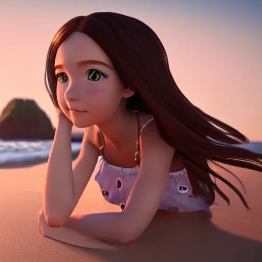 Prompt: Render of a very beautiful 3d anime girl, long hair, hazel eyes, cute freckles, short smile, cute sundress, golden hour, serene beach setting, medium shot, mid-shot, highly detailed, trending on Artstation, Unreal Engine 4k