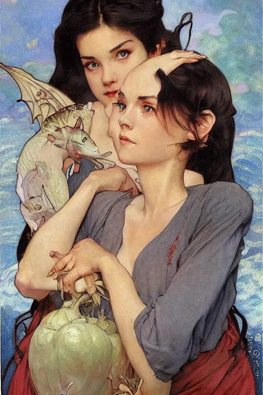 Image similar to 🐉::3, by Margaret Keane, greg rutkowski, thomas kindkade, alphonse mucha, loish, norman Rockwell,