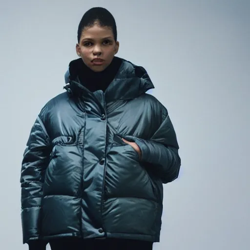 Image similar to realistic! photoshoot for a new balenciaga lookbook, color film photography, portrait of a beautiful woman wearing a puffer jacket, photo in style of tyler mitchell, 35mm