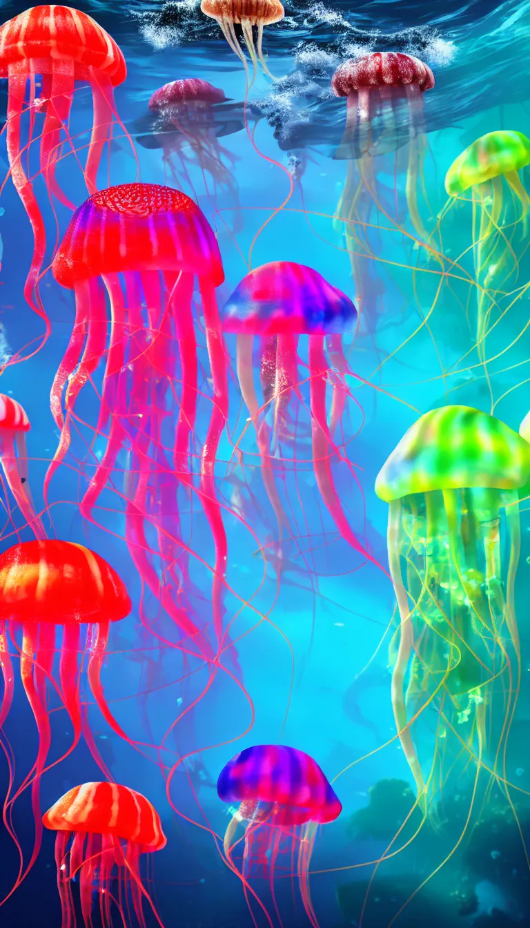 Image similar to highly detailed photo of five colorful jellyfish floating in dark under water sea, hyper realistic, concept art, 8 k detail post - processing