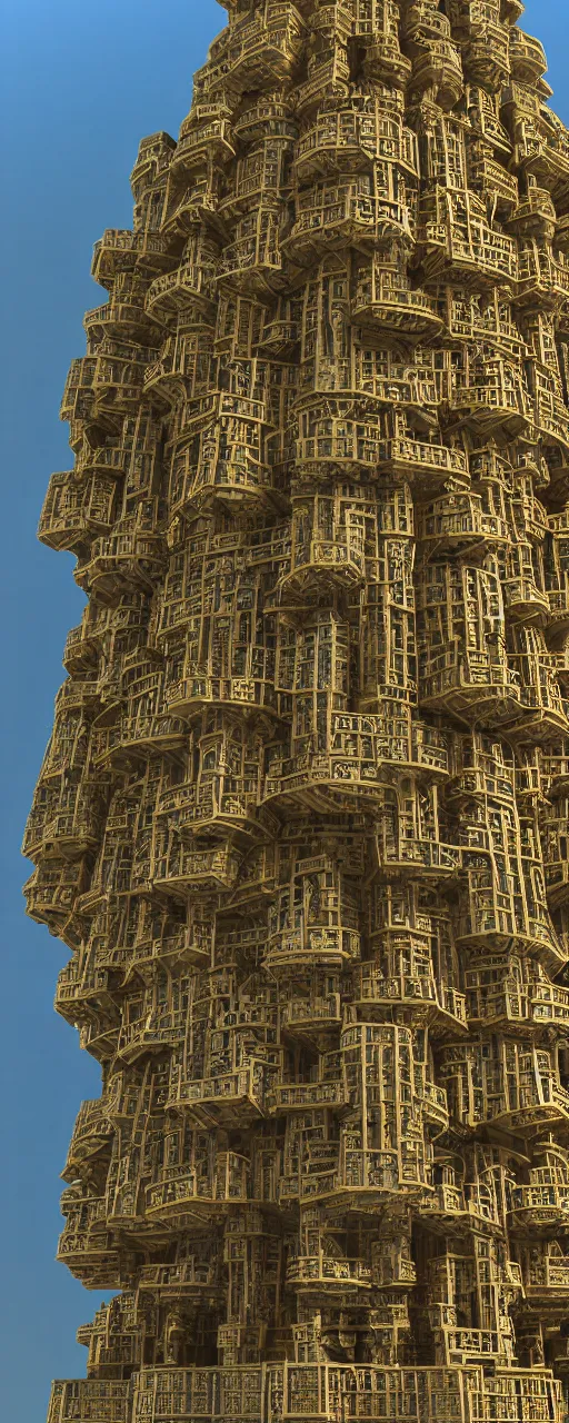 Image similar to photorealistic eye level view of a contemporary babylon tower, golden intricate details, stone facade, sacred ancient architecture, hanging gardens, cascading highrise, arid mountains with lush palm forest, sunlight, post - production, octane, cgi, sfx