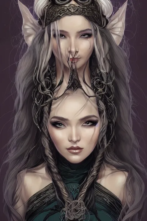Prompt: elf sorceress with braided white hair in a beehive style, character portrait wearing black silk looking over one shoulder, concept art, intricate details, highly detailed photorealistic portrait in the style of adam hughes, seseon yoon, artgerm and warren louw