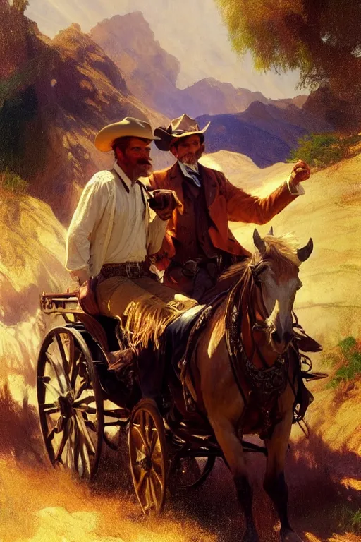 Image similar to hyperrealist portrait of a cowboy driving stage coach by thomas moran and fredrick remington and alphonse mucha, fantasy art, photo realistic, dynamic lighting, artstation, poster, volumetric lighting, very detailed faces, 4 k, award winning