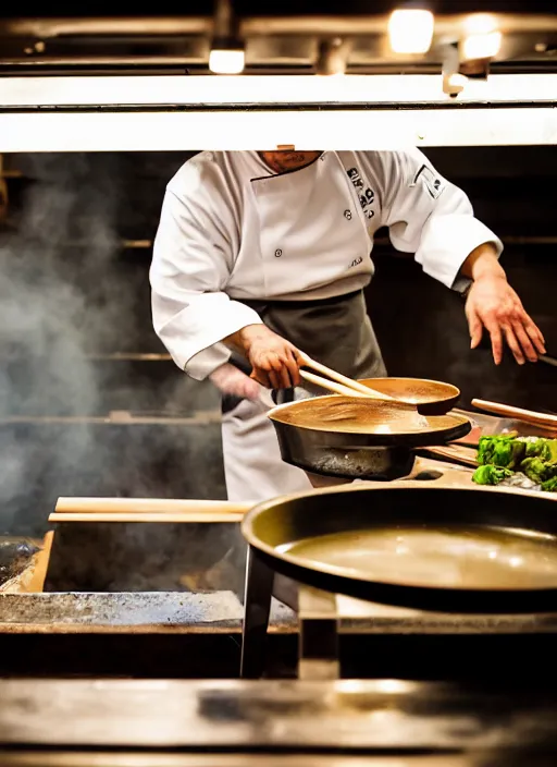 Image similar to a 2 8 mm macro photo from the back of a yakitori chef cooking in a commercial kitchen, splash art, movie still, bokeh, canon 5 0 mm, cinematic lighting, dramatic, film, photography, golden hour, depth of field, award - winning, anamorphic lens flare, 8 k, hyper detailed, 3 5 mm film grain