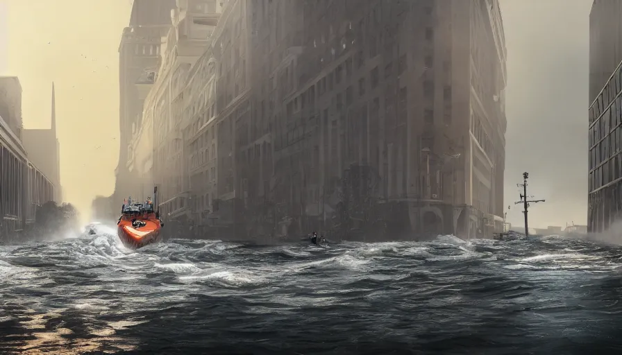 Image similar to lifeboat crossing washington dc streets after humongous tsunami, drowned white house, hyperdetailed, artstation, cgsociety, 8 k