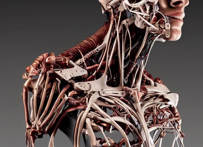 Image similar to a sculpture anatomical cyborg, bust , detailed face, studio lighting