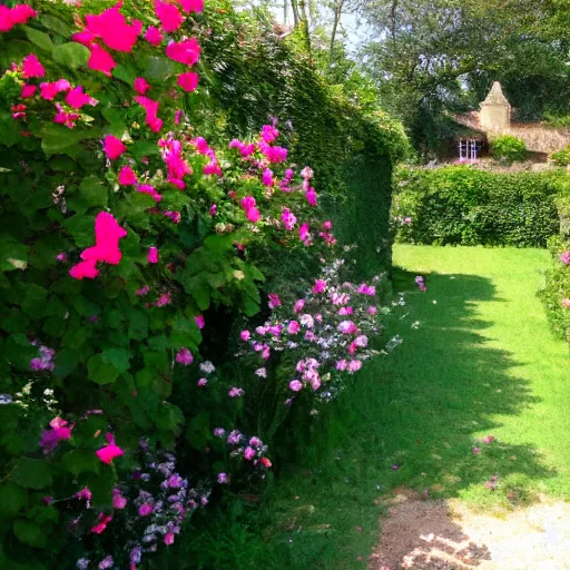 Prompt: ile de re house with a garden full of tremiere rose, sixty stores, white walls, orange roof