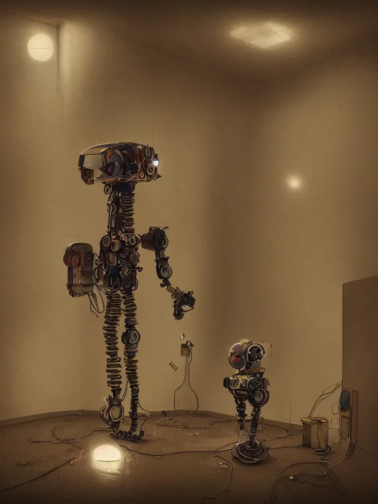 Image similar to insight in an empty room with a singular old mechanical empatic robot sitting lonely and sad in the corner, wide angle photography, cinematic, dim light, small spot light on robot, small depth of field, fresh colors, Esao Andrews, sharp focus, fresh colors, deviantart, conceptart