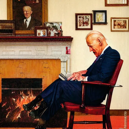 Image similar to a norman rockwell painting of the Joe Biden sitting in a chair, cozy fire, award winning,