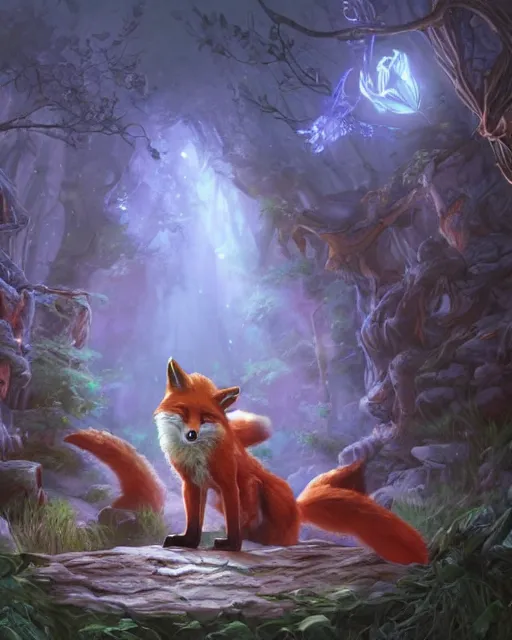 Image similar to Fox, Anthropomorphized, playing harp in magical forest, portrait, magic the gathering artwork, D&D, fantasy, cinematic lighting, centered, symmetrical, highly detailed, digital painting, artstation, concept art, smooth, sharp focus, illustration, volumetric lighting, epic Composition, 8k, art by Akihiko Yoshida and Greg Rutkowski and Craig Mullins, heroic pose, oil painting, cgsociety