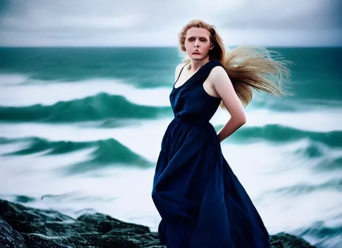 Image similar to cinestill 5 0 d half - length portrait photo portrait of a woman britt marling 3 / 4 style of nicholas fols, 1 5 0 mm, dress in voile, hair like dark clouds, hair in wind, head in focus, mute dramatic colours, soft blur outdoor stormy sea background, volumetric lighting, hyper detailed, hyper realistic