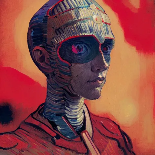 Image similar to Van Gogh portrait painting of a cyborg girl with black and red robotic parts, medium shot, asymmetrical, profile picture, Organic Painting, sunny day, Matte Painting, bold shapes, hard edges, street art, trending on artstation, by Huang Guangjian and Gil Elvgren and Sachin Teng