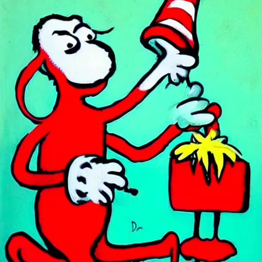 Prompt: painting of thing 1 eating thing 2 by dr seuss | horror themed | creepy