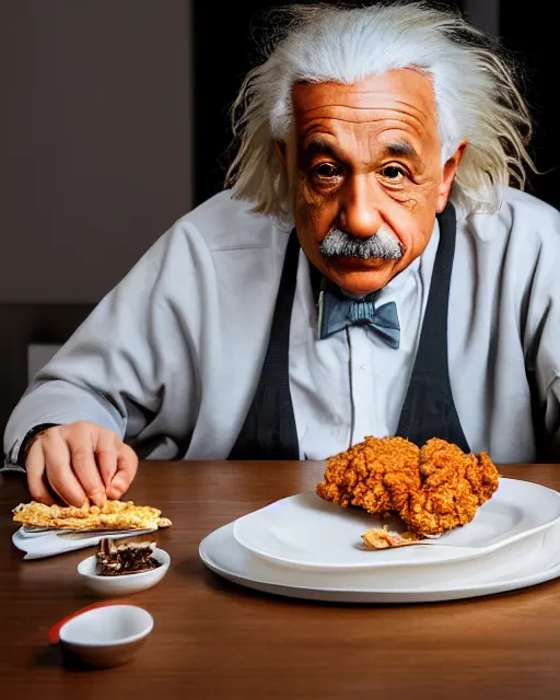 Prompt: a portrait of albert einstein sitting at the dining table with a plate containing kfc chicken in front of him, highly detailed, trending on artstation, bokeh, 9 0 mm, f / 1. 4