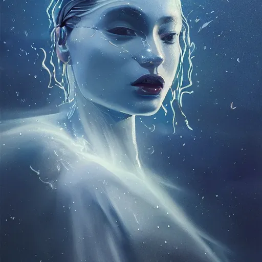 Prompt: sci - fi, close - up, 3 d, moon rays, night, fashion model face, cinematic, clouds, sun rays, vogue cover style, poster art, blue mood, realistic painting, intricate oil painting, high detail illustration, figurative art, multiple exposure, water, 3 d, by tooth wu and wlop and beeple and greg rutkowski