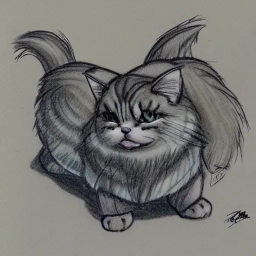 Image similar to extra fluffy humanoid Persian tabby cat standing on two feet, drawing by Don Bluth, colored pencil sketch with feathery lines, drawing by Yoshitaka Amano